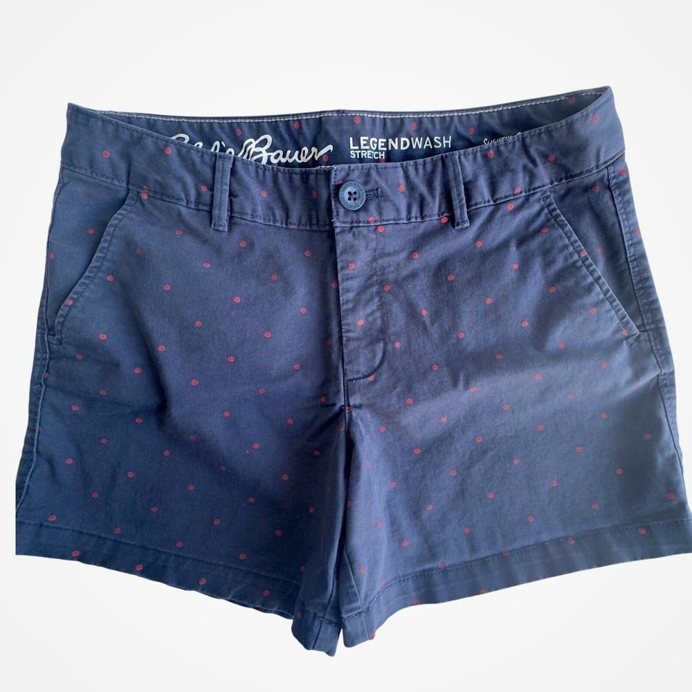 Eddie Bauer Legendwash Stretch Navy Red Polka Dot Shorts Womens 6 Slightly Curvy
